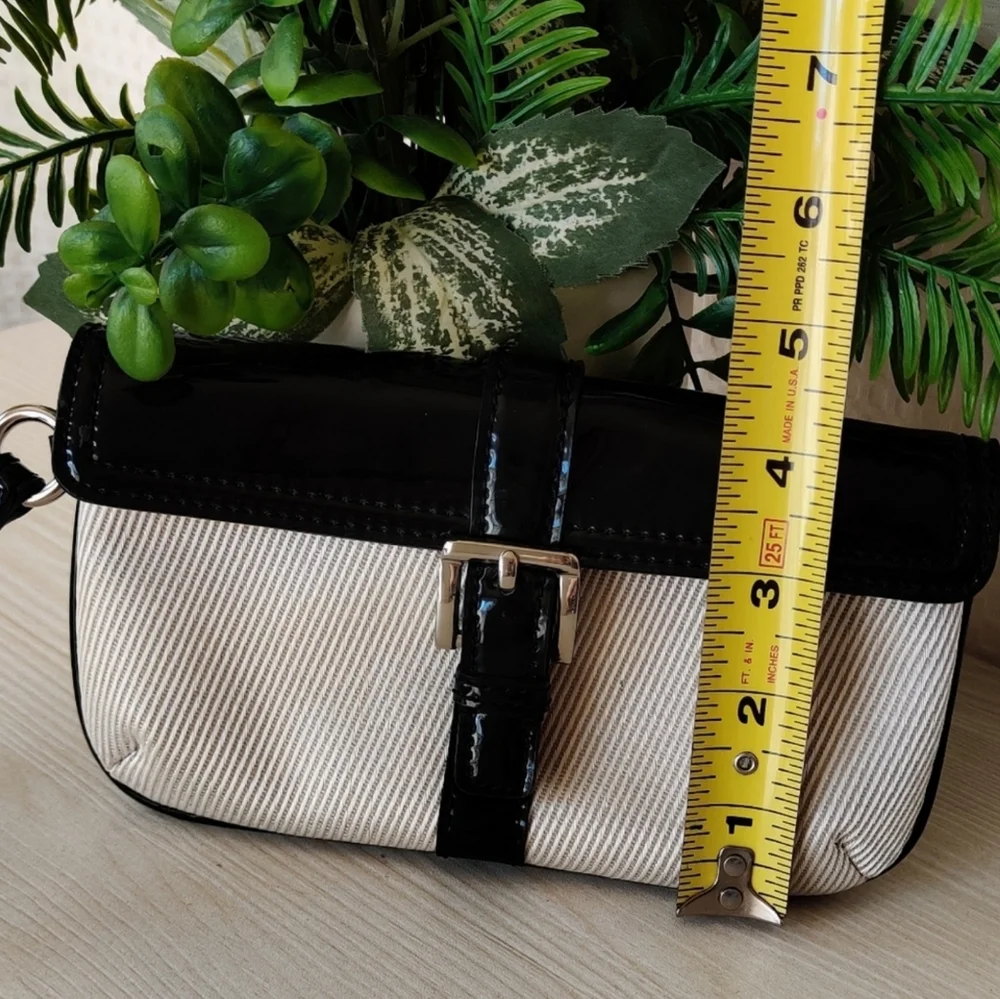 Ann Taylor Black Patent Leather and Gray Striped Wristlet